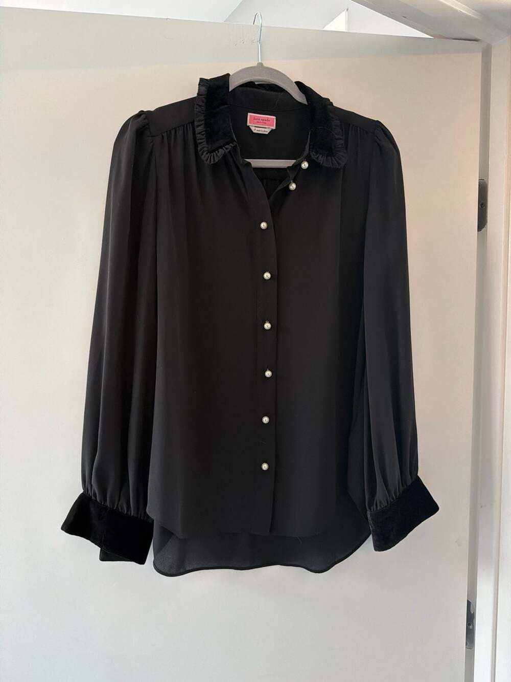 Kate Spade Black Chiffon Blouse with Velvet Ruffle Trim and Pearl Buttons